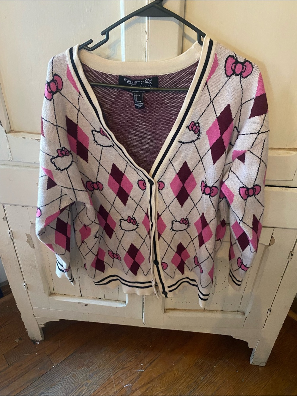 Forever 21 Pink and Cream Argyle Hello Kitty V-Neck Cardigan